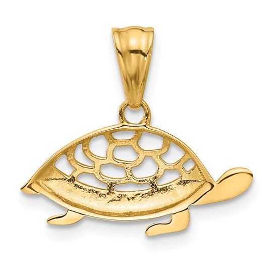14K Gold and White Rhodium Diamond-cut Turtle Pendant