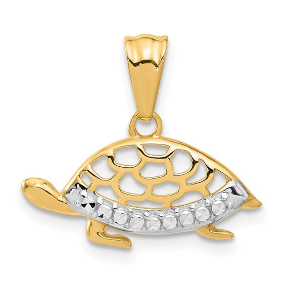 14K Gold and White Rhodium Diamond-cut Turtle Pendant