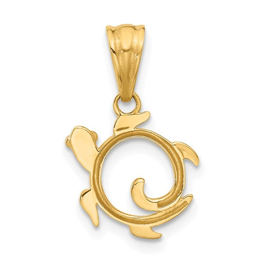 14K Gold with White Rhodium Diamond Cut Swirl Turtle Pendant