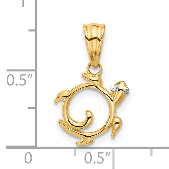14K Gold with White Rhodium Diamond Cut Swirl Turtle Pendant
