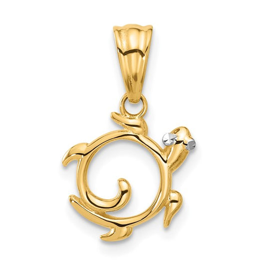 14K Gold with White Rhodium Diamond Cut Swirl Turtle Pendant