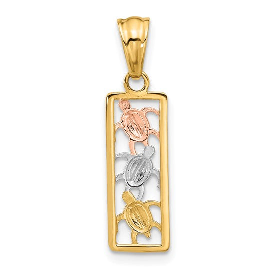 14K Two-tone Gold with White Rhodium and Rose Gold Polished Turtles Rectangle Pendant