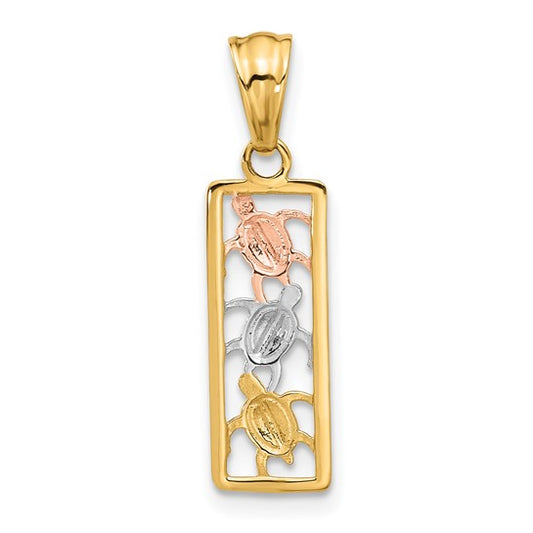 14K Two-tone Gold with White Rhodium and Rose Gold Polished Turtles Rectangle Pendant