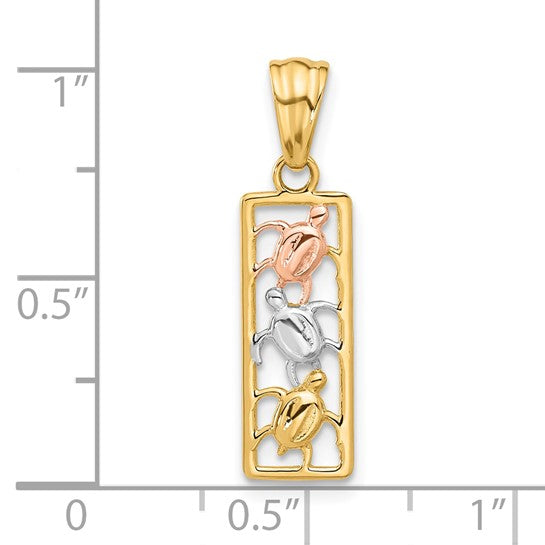 14K Two-tone Gold with White Rhodium and Rose Gold Polished Turtles Rectangle Pendant
