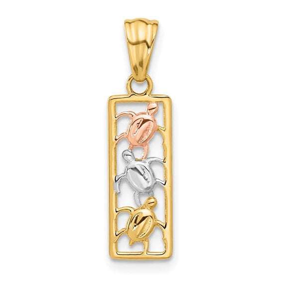 14K Two-tone Gold with White Rhodium and Rose Gold Polished Turtles Rectangle Pendant