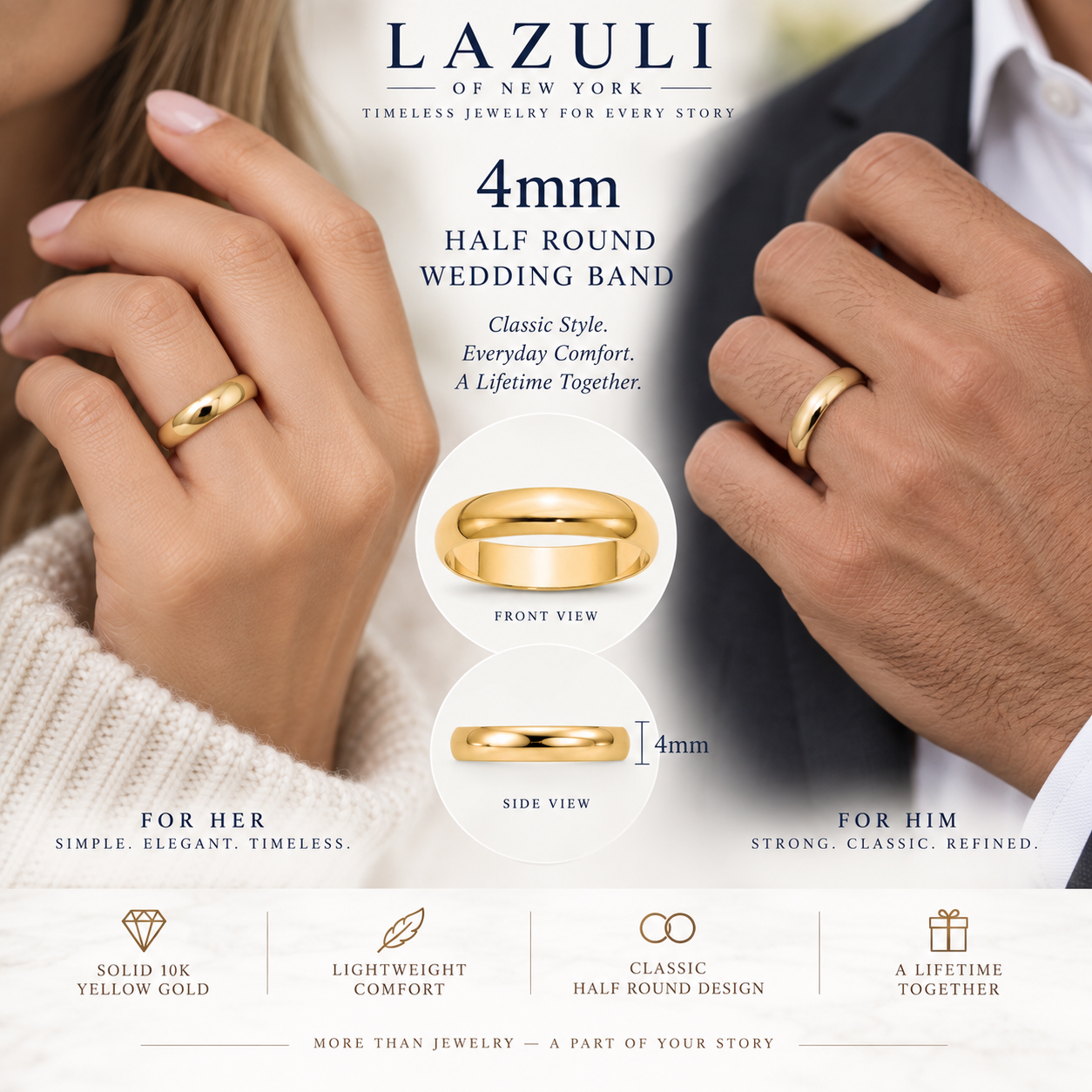10K Solid Yellow Gold Wedding Band – Classic Men's & Women's Ring, 2mm–5mm
