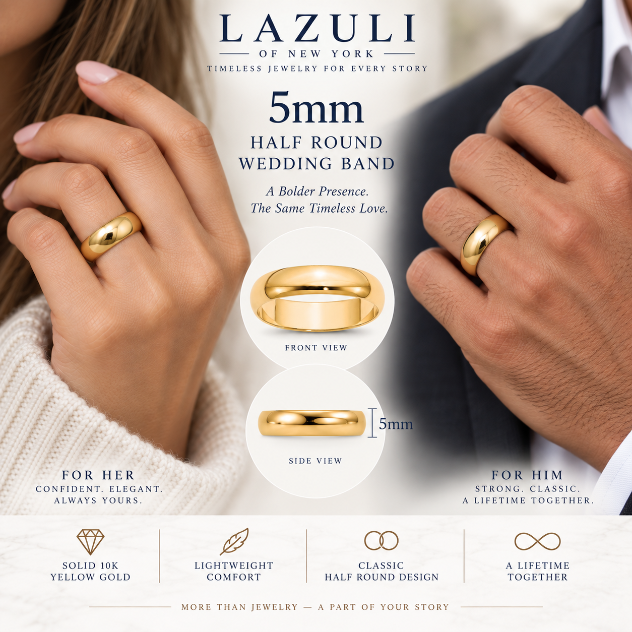 10K Solid Yellow Gold Wedding Band – Classic Men's & Women's Ring, 2mm–5mm