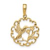 14K Hummingbird with Flower Round Scalloped Frame Pendant