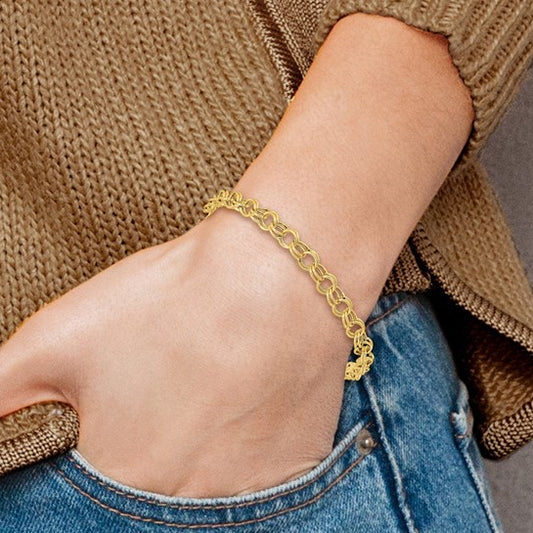 10K Solid Yellow Gold Double Link Charm Bracelet 4mm wide Lobster Claw