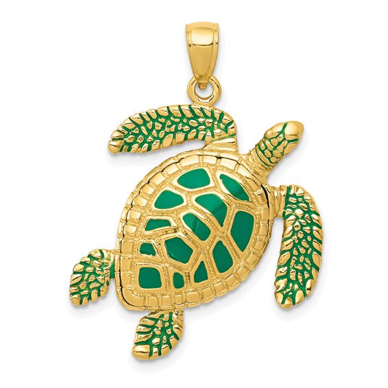 14k Gold 3-D Green Enameled Sea Turtle Pendant