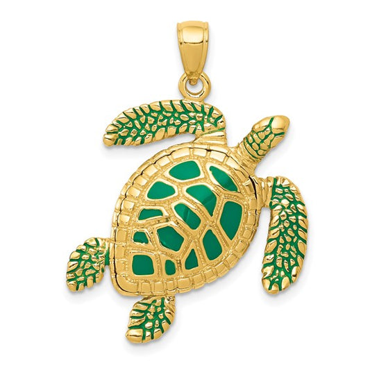 14k Gold 3-D Green Enameled Sea Turtle Pendant