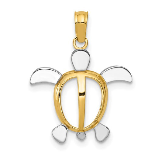 14K Gold and White Rhodium Sea Turtle Pendant