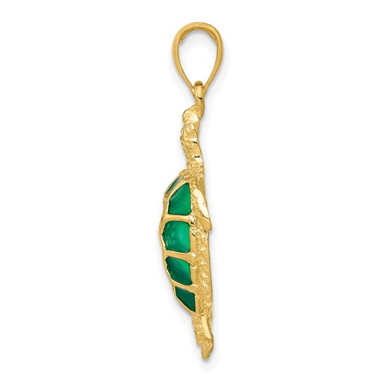 14K Gold Green Enameled Sea Turtle Pendant