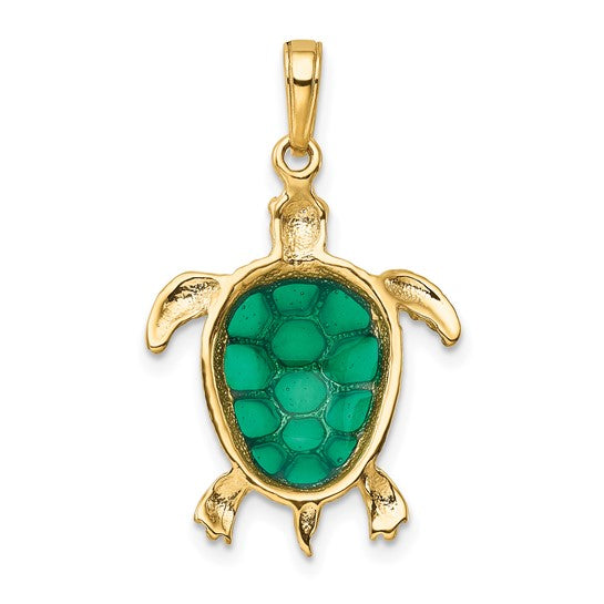 14K Gold Green Enameled Sea Turtle Pendant