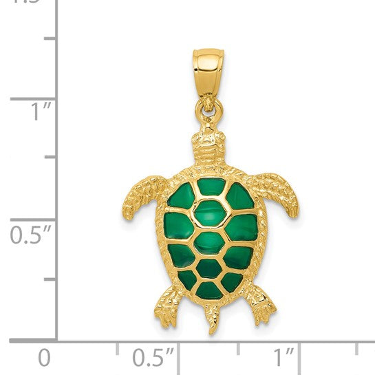 14K Gold Green Enameled Sea Turtle Pendant
