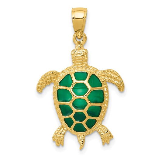 14K Gold Green Enameled Sea Turtle Pendant