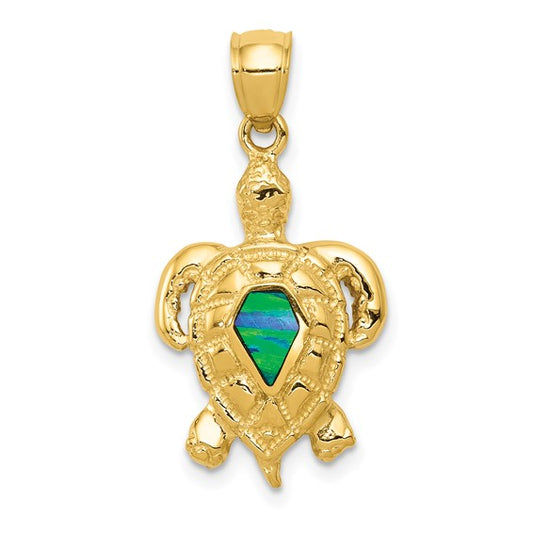 14k Gold Polished Lab Created Blue Opal Turtle Pendant