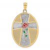14K with White Rhodium Enameled Rose Cross with Serenity Prayer on Back Oval Disc Charm
