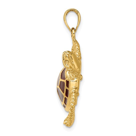 14K Gold 3-D Brown Enamel Large Sea Turtle Charm