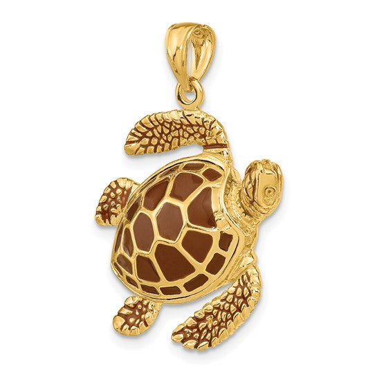 14K Gold 3-D Brown Enamel Large Sea Turtle Charm