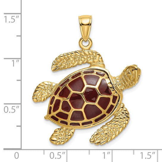 14K Gold 3-D Brown Enamel Large Sea Turtle Charm