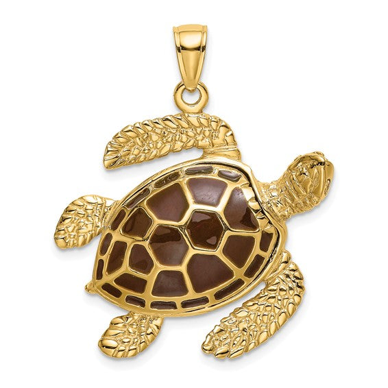 14K Gold 3-D Brown Enamel Large Sea Turtle Charm