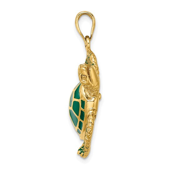 14K Gold 3-D Green Enamel Large Sea Turtle Charm