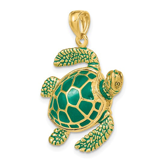14K Gold 3-D Green Enamel Large Sea Turtle Charm