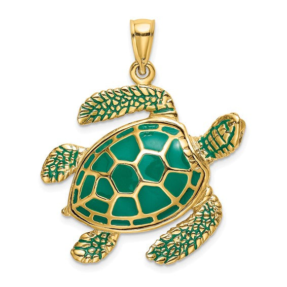 14K Gold 3-D Green Enamel Large Sea Turtle Charm
