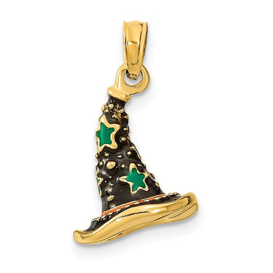 14K Solid Yellow Gold 3-D Witch Hat Halloween Enameled Pendant Charm only