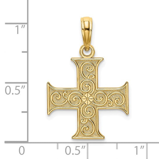 14k Solid Yellow Gold Greek Cross with Swirl Design Charm Pendant .8" Long x .6" Width. Classic Religious Greek Jewelry