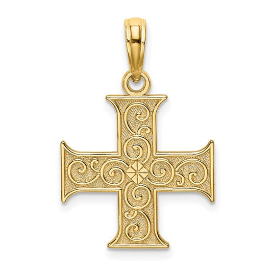 14k Solid Yellow Gold Greek Cross with Swirl Design Charm Pendant .8" Long x .6" Width. Classic Religious Greek Jewelry