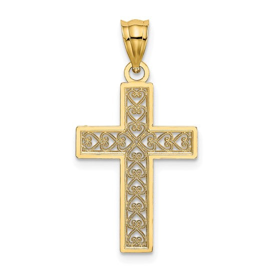 14K Gold Diamond-cut Edge and Filigree Center Cross Charm