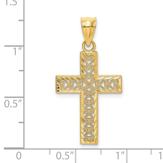 14K Gold Diamond-cut Edge and Filigree Center Cross Charm