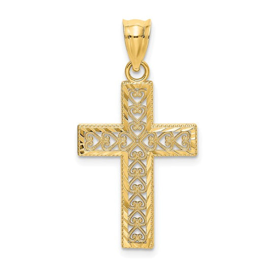 14K Gold Diamond-cut Edge and Filigree Center Cross Charm