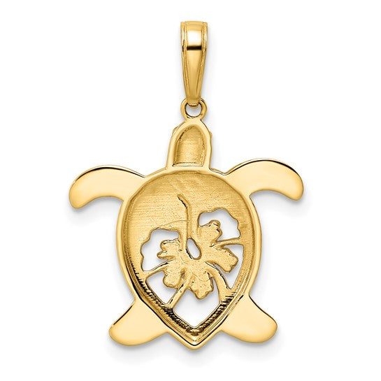 14k Gold and White Rhodium Diamond-cut Floral Turtle Pendant