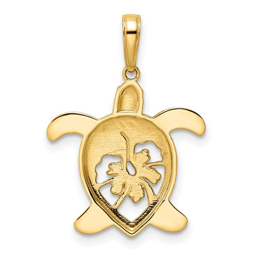 14k Gold and White Rhodium Diamond-cut Floral Turtle Pendant