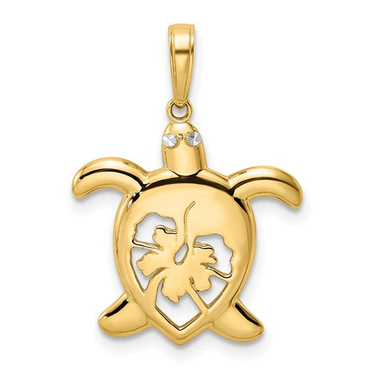 14k Gold and White Rhodium Diamond-cut Floral Turtle Pendant