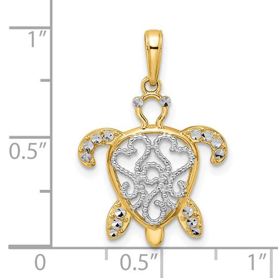 14k Gold and White Rhodium Diamond-cut Filigree Turtle Pendant