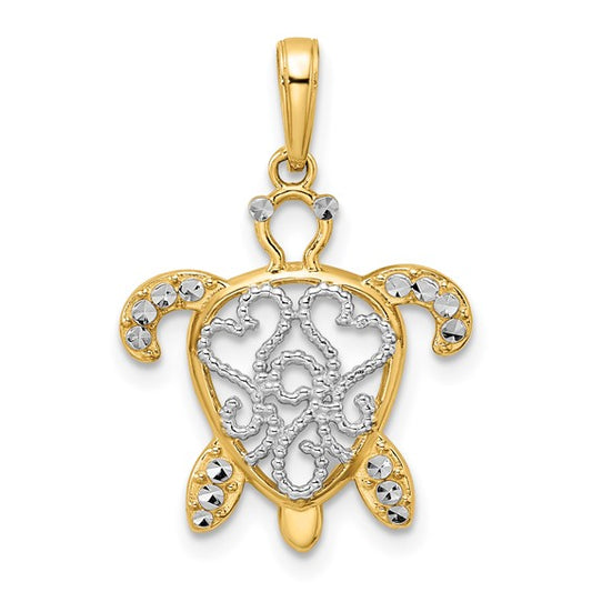 14k Gold and White Rhodium Diamond-cut Filigree Turtle Pendant