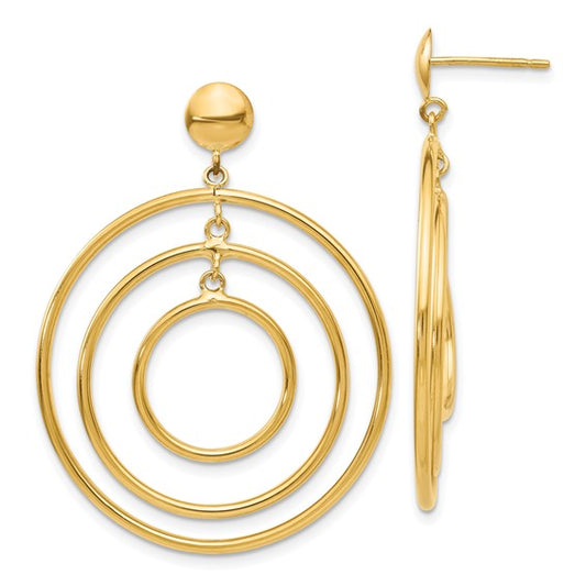 14K Solid Yellow Gold Round Fancy Circles Post Dangle Earrings
