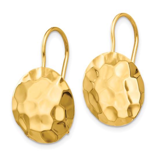 14K Solid Yellow Gold Hammered Round Disc Dangle Earrings Kidney Wire Closure