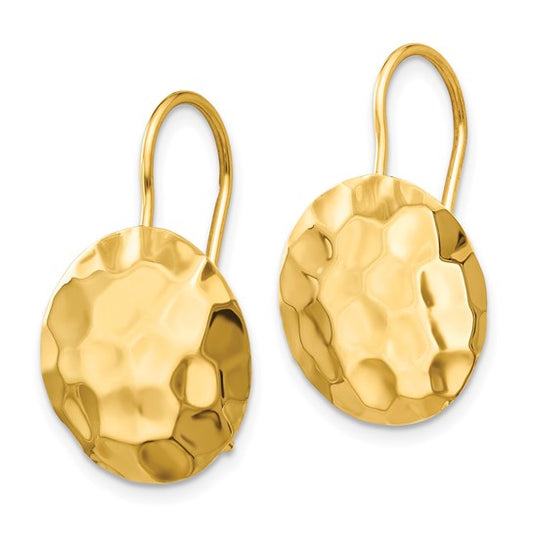 14K Solid Yellow Gold Hammered Round Disc Dangle Earrings Kidney Wire Closure