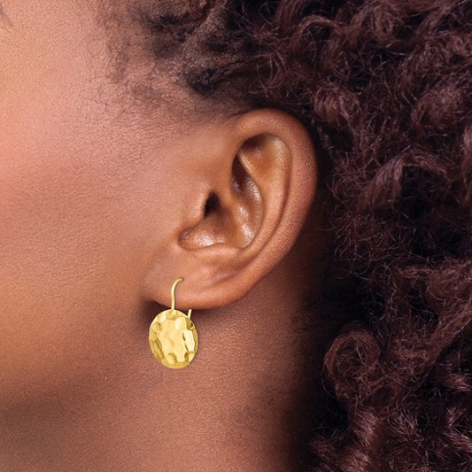 14K Solid Yellow Gold Hammered Round Disc Dangle Earrings Kidney Wire Closure