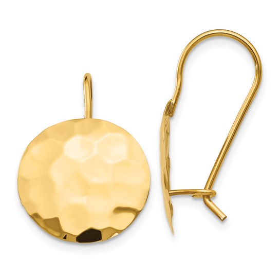 14K Solid Yellow Gold Hammered Round Disc Dangle Earrings Kidney Wire Closure