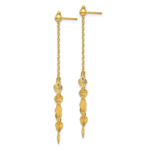 14K Solid Yellow Gold Diamond Cut Hearts Post Dangle Earrings