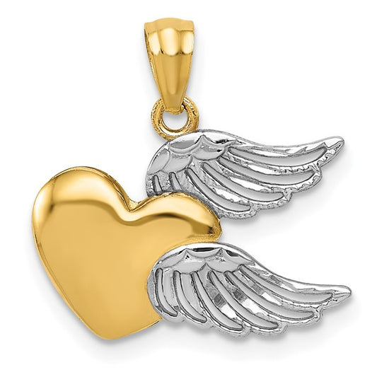 14K Gold and White Rhodium Polished Heart with Wings Pendant