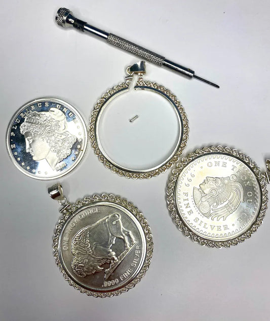 Sterling Silver 925 Coin Bezel Mountings for Coins Cent Dime Nickel Quarter Half Dollar Plain, Diamond Cut, Rope Chain Screw Top Pendant