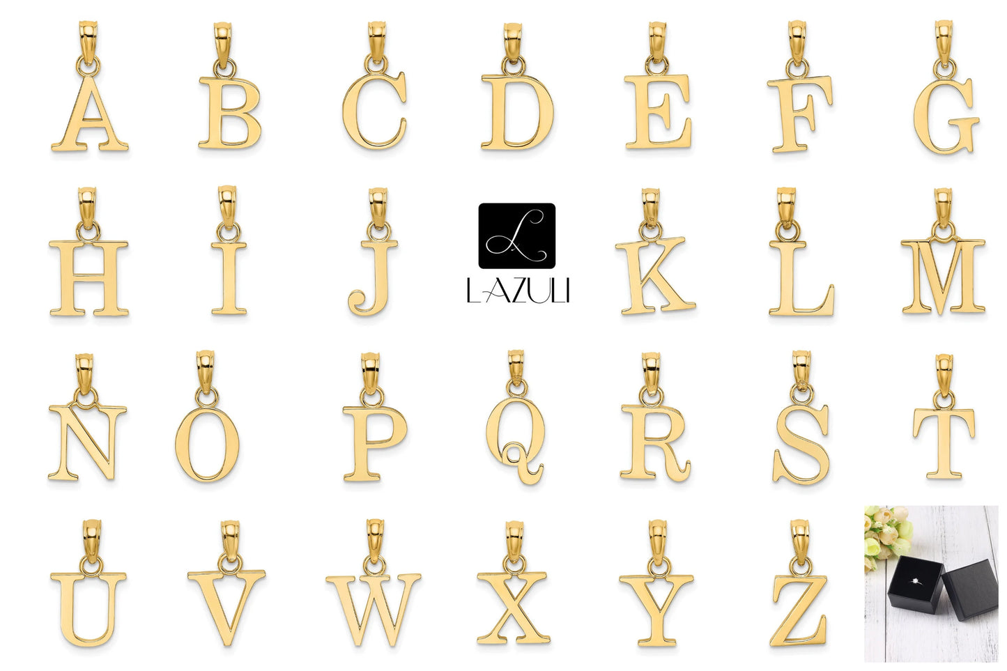 10K Solid Gold Initial Letter Alphabet Charm Pendant 1/2 " Long Block Font Simple Minimalist