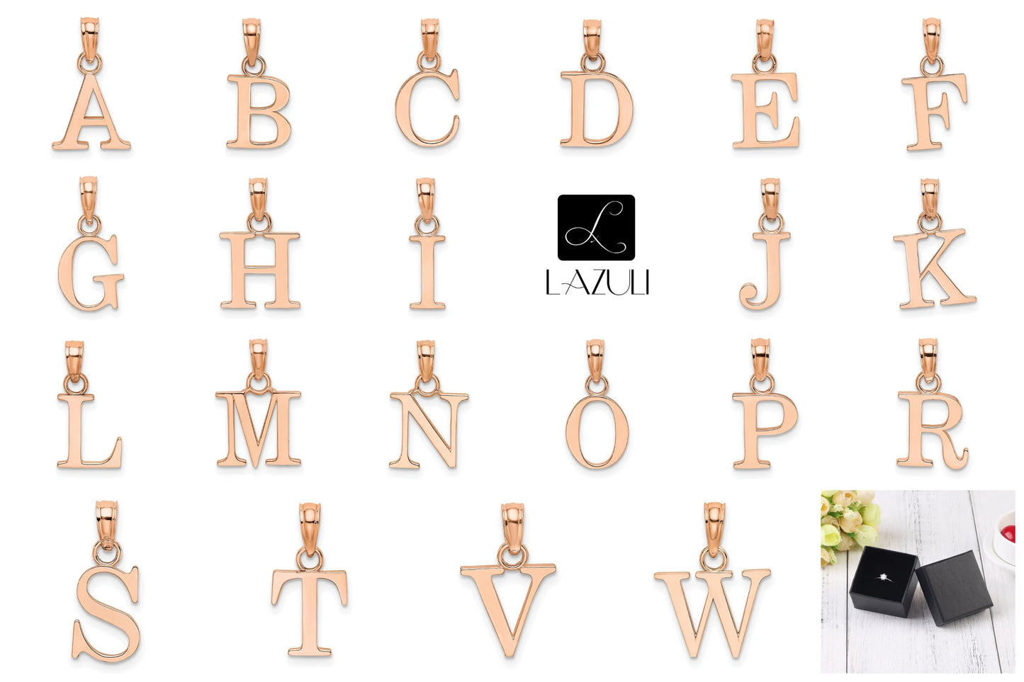 10K Solid Gold Initial Letter Alphabet Charm Pendant 1/2 " Long Block Font Simple Minimalist